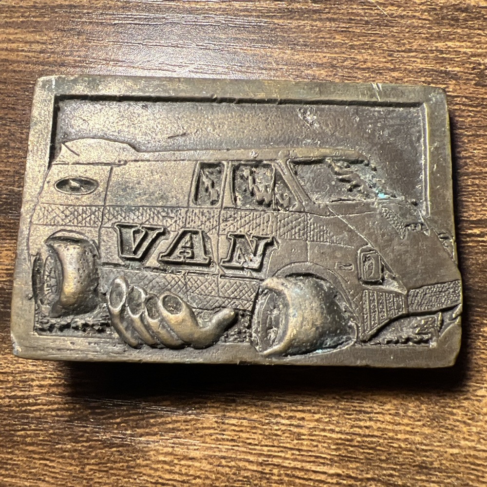 Vintage 1970s Super Van Solid Brass Belt Buckle 913 Rectangular 4x4 SUV Theme